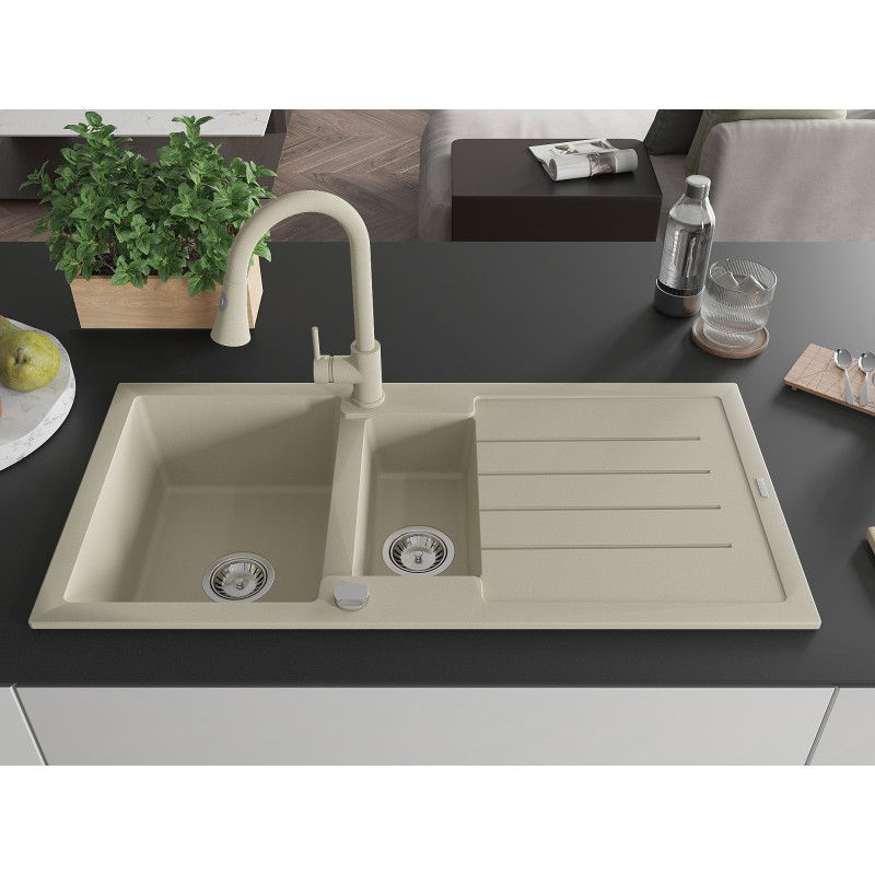 Mexen Andres granite sink 1.5-bowl with drainer and Elia kitchen tap, beige - 6515-69-670101-69