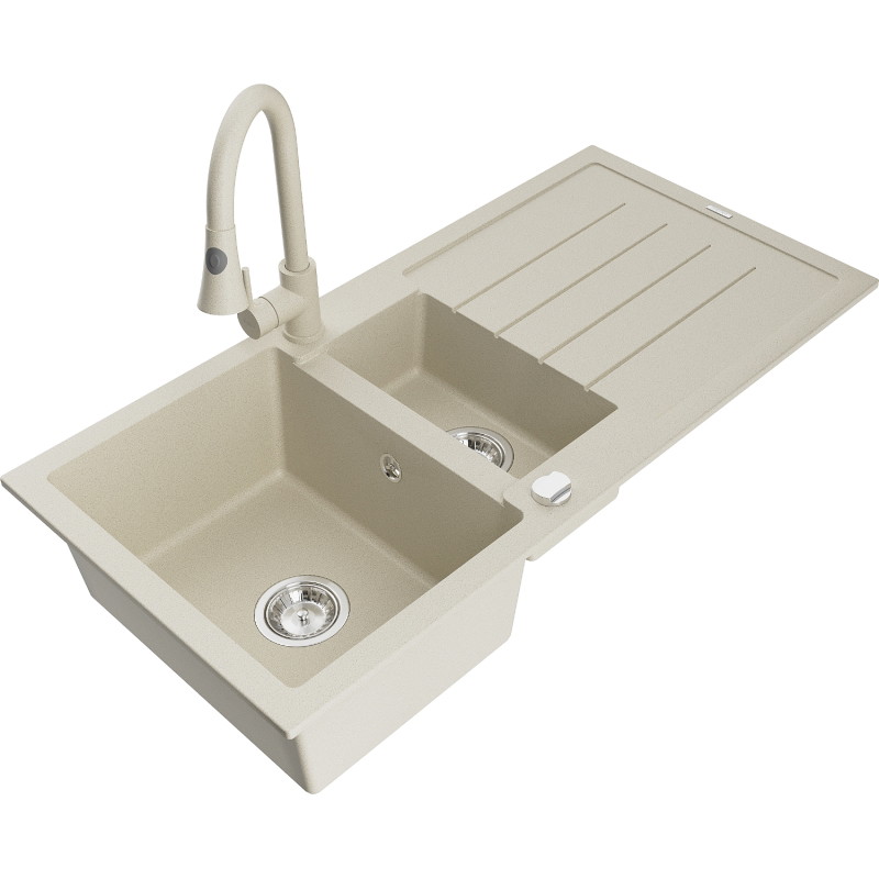 Mexen Andres 1.5-bowl granite sink with drainer and Elia kitchen faucet, beige - 6515-69-670101-69