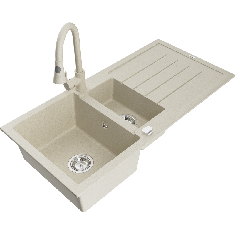 Mexen Andres granite sink 1.5-bowl with drainer and Elia kitchen tap, beige - 6515-69-670101-69