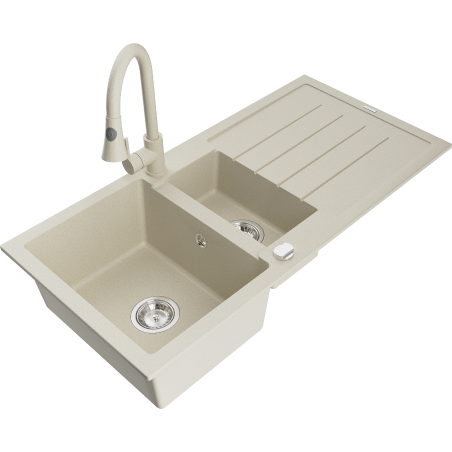 Mexen Andres granite sink 1.5-bowl with drainer and Elia kitchen faucet, beige - 6515-69-670101-69