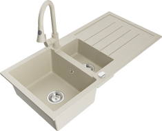 Mexen Andres 1.5-compartment granite sink with a drip tray and kitchen mixer tap Elia, Beige - 6515-69-670101-69