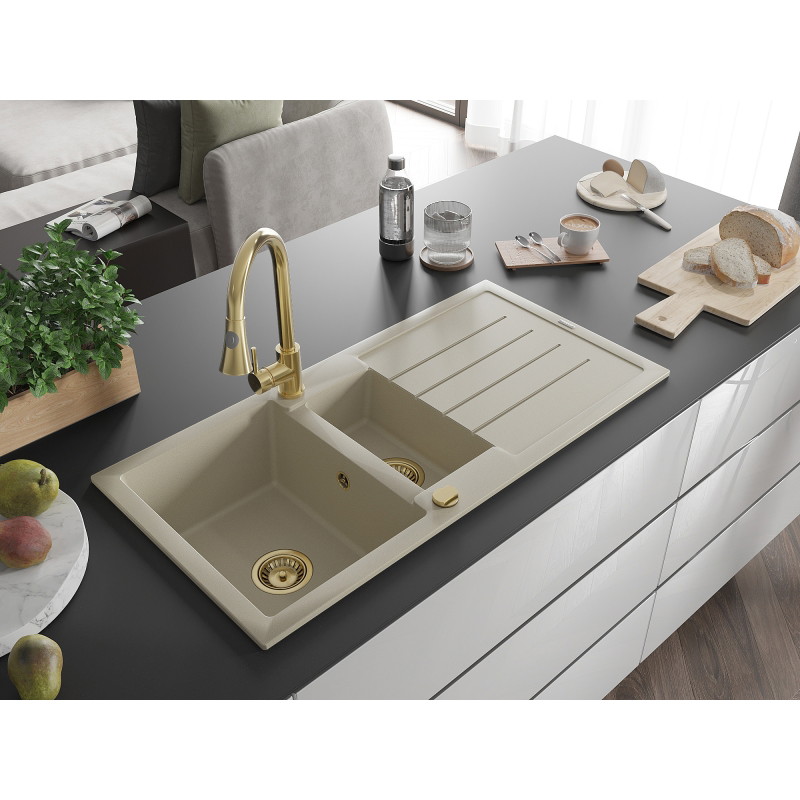 Mexen Andres granite kitchen sink 1.5-basin with drainer and Elia kitchen faucet, beige - 6515-69-670101-50