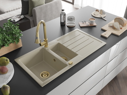 Mexen Andres 1.5-compartment granite sink with a drip tray and kitchen mixer tap Elia, Beige - 6515-69-670101-50