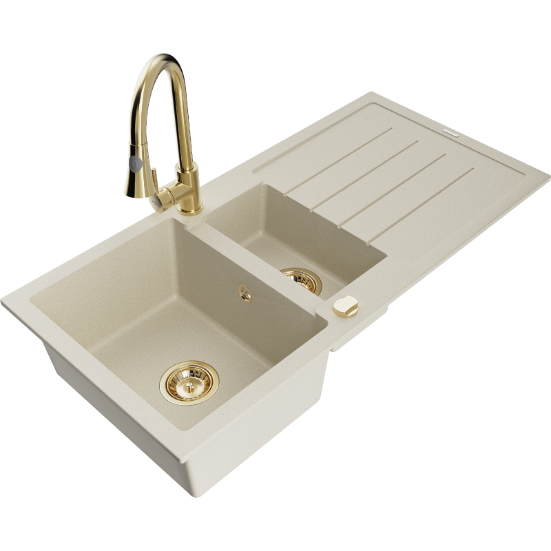 Mexen Andres granite sink 1.5-bowl with drainer and Elia kitchen tap, beige - 6515-69-670101-50