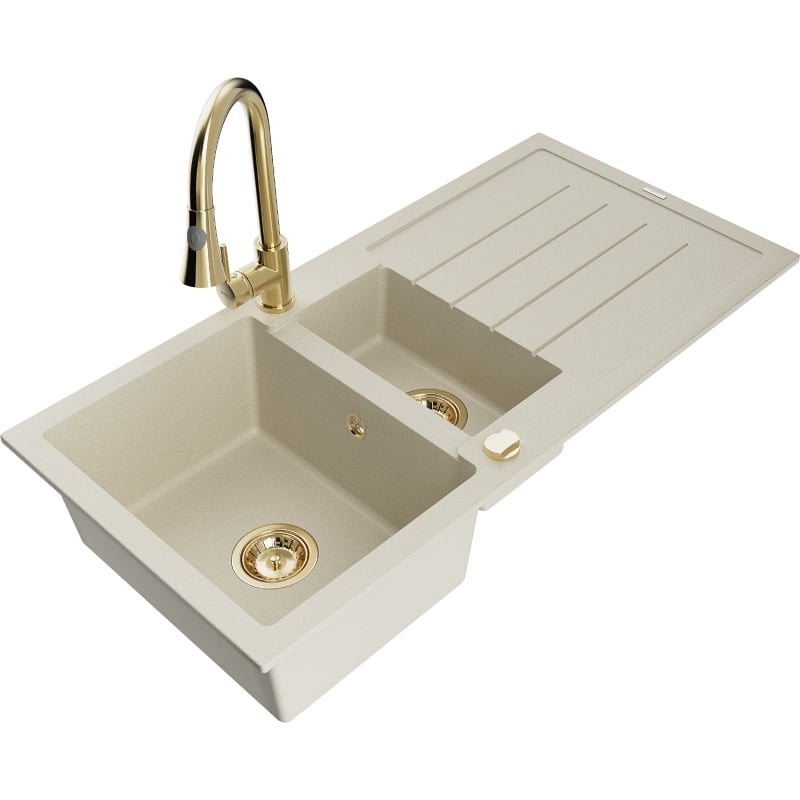 Mexen Andres granite sink with 1.5 compartments, drainer, and Elia kitchen faucet, beige - 6515-69-670101-50