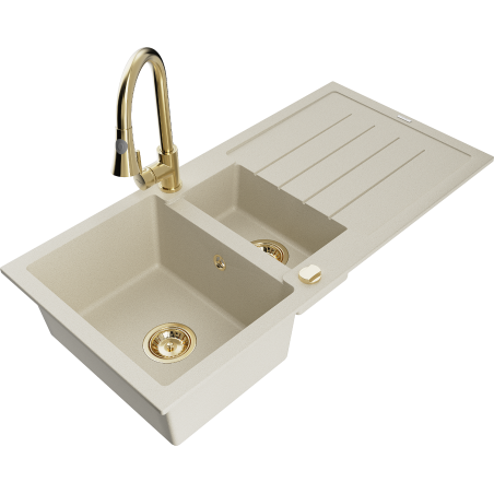 Mexen Andres 1.5-compartment granite sink with a drip tray and kitchen mixer tap Elia, Beige - 6515-69-670101-50