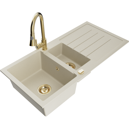 Mexen Andres granite kitchen sink 1.5-basin with drainer and Elia kitchen faucet, beige - 6515-69-670101-50