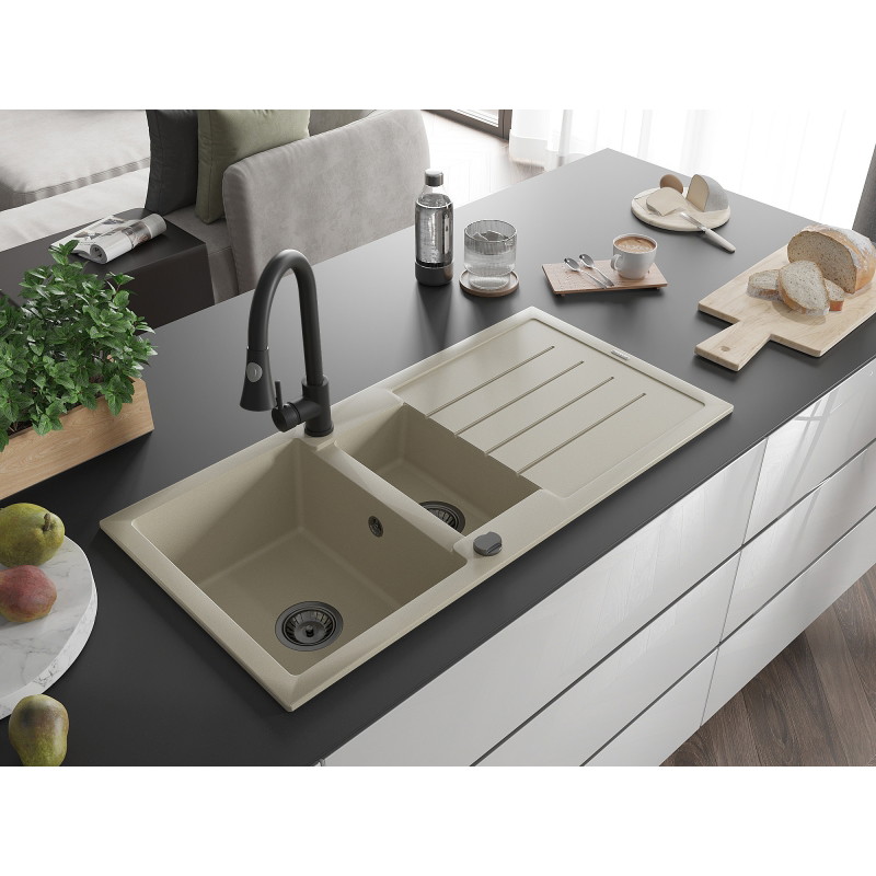 Mexen Andres granite kitchen sink 1.5-bowl with drainer and kitchen faucet Elia, beige - 6515-69-670101-70