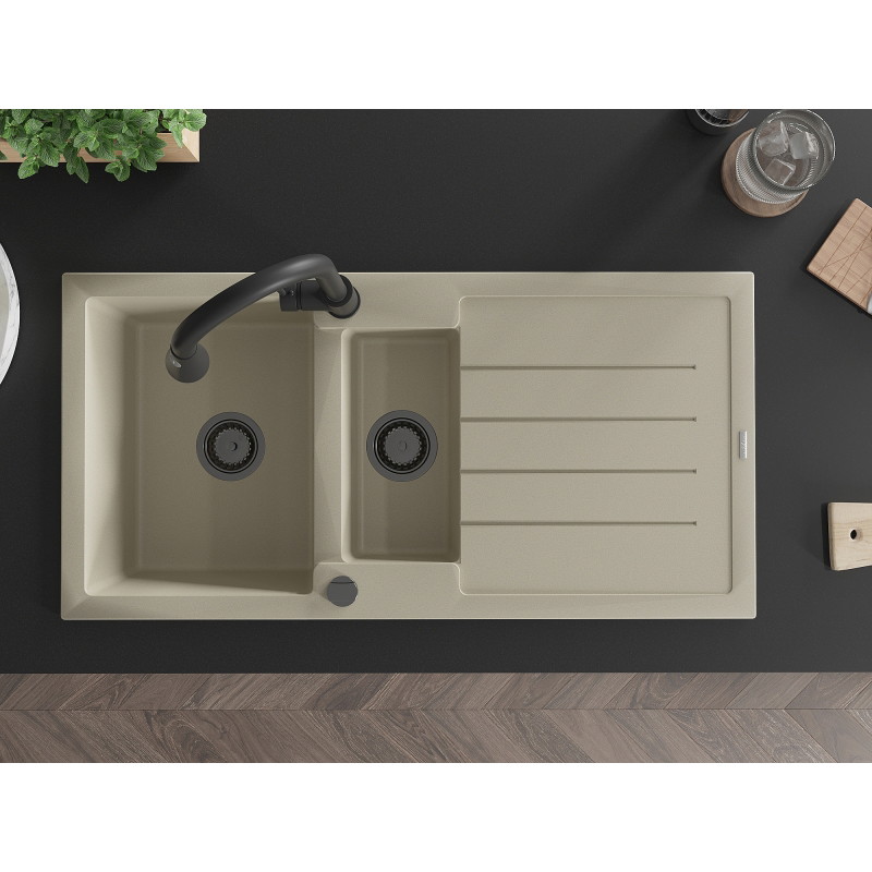 Mexen Andres granite kitchen sink 1.5-bowl with drainer and kitchen faucet Elia, beige - 6515-69-670101-70