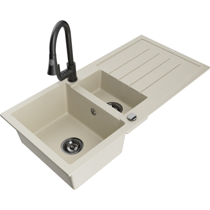 Mexen Andres 1.5-bowl granite sink with drainer and Elia kitchen faucet, beige - 6515-69-670101-70