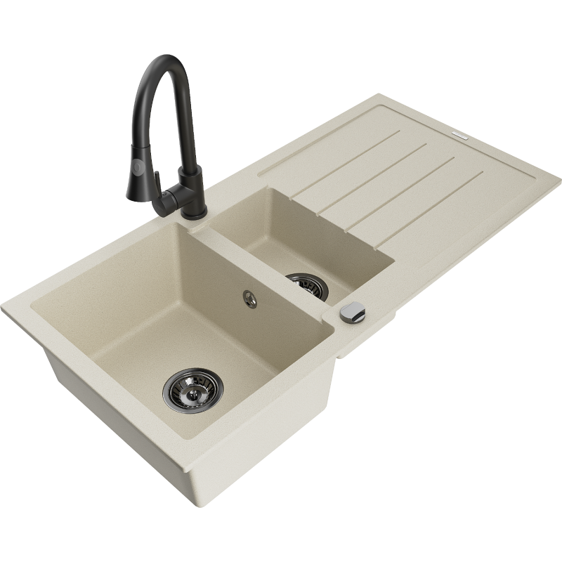 Mexen Andres 1.5-compartment granite sink with a drip tray and kitchen mixer tap Elia, Beige - 6515-69-670101-70