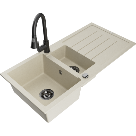 Mexen Andres 1.5-compartment granite sink with a drip tray and kitchen mixer tap Elia, Beige - 6515-69-670101-70