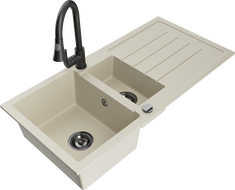 Mexen Andres 1.5-compartment granite sink with a drip tray and kitchen mixer tap Elia, Beige - 6515-69-670101-70