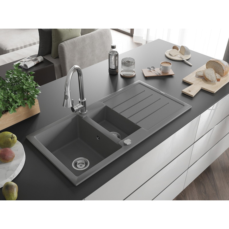 Mexen Andres granite sink 1.5-bowl with drainer and kitchen faucet Elia, gray - 6515-71-670101-00