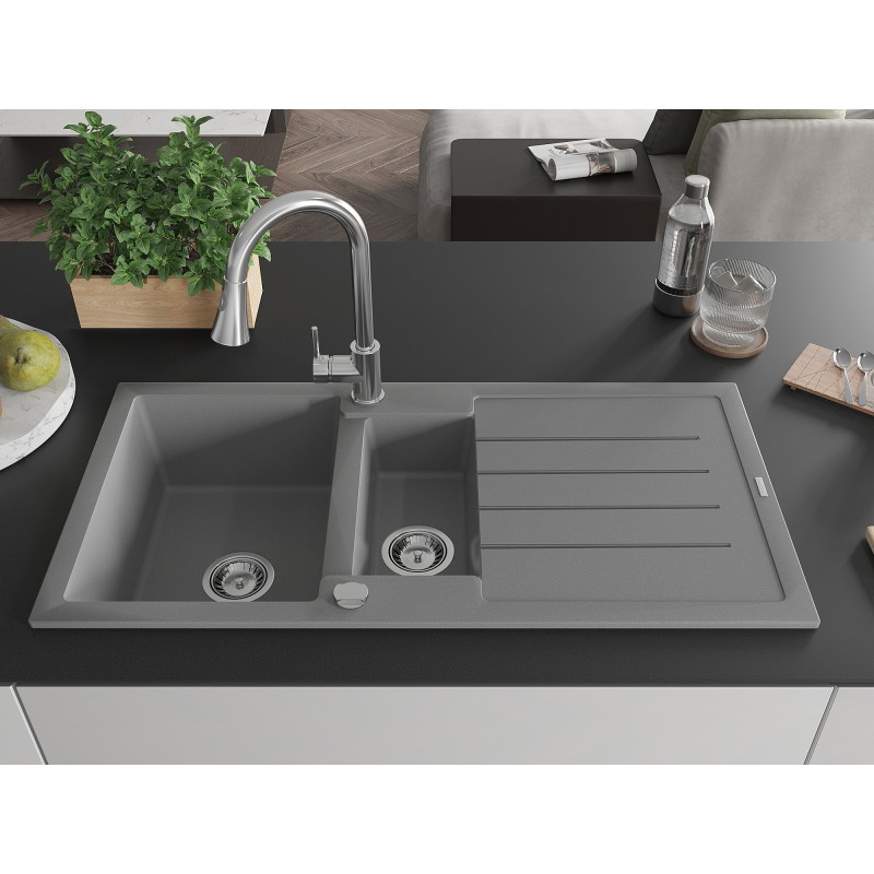 Mexen Andres granite sink 1.5-bowl with drainer and kitchen faucet Elia, gray - 6515-71-670101-00