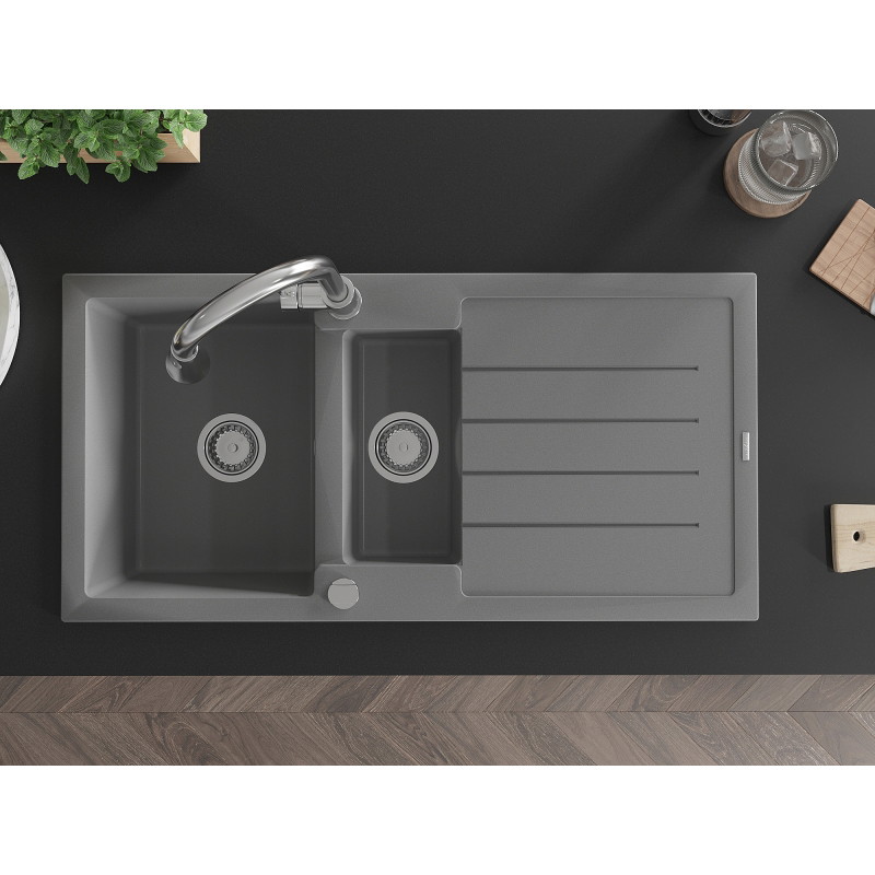 Mexen Andres granite sink 1.5-bowl with drainer and kitchen faucet Elia, gray - 6515-71-670101-00