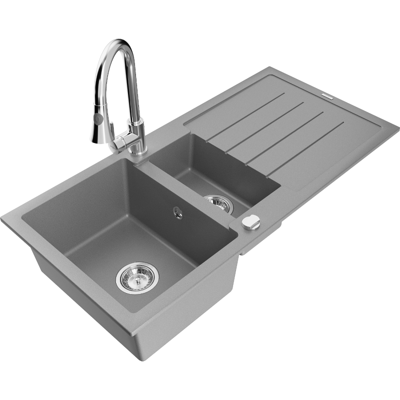 Mexen Andres 1.5-bowl granite kitchen sink with drainer and Elia kitchen tap, grey - 6515-71-670101-00