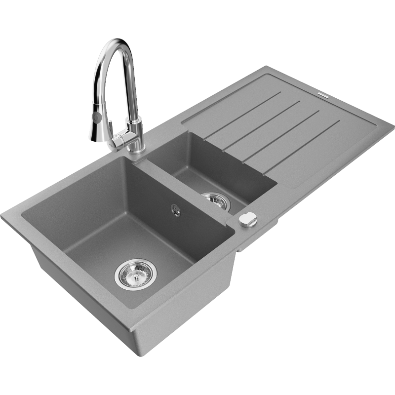 Mexen Andres 1.5-compartment granite sink with a drip tray and kitchen mixer tap Elia, Grey - 6515-71-670101-00