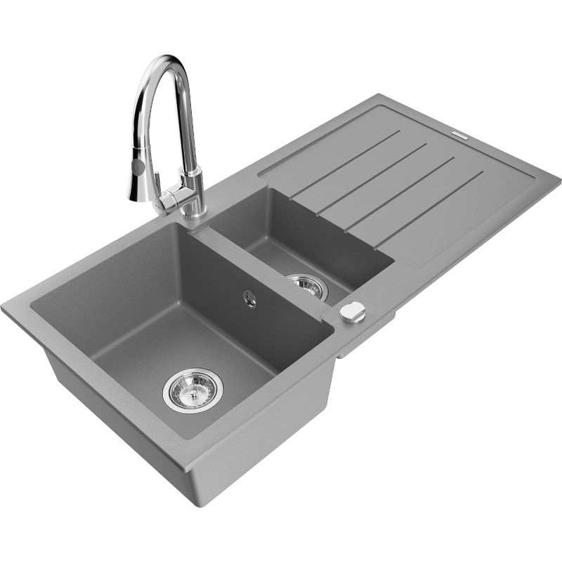 Mexen Andres granite sink 1.5-bowl with drainer and kitchen faucet Elia, gray - 6515-71-670101-00