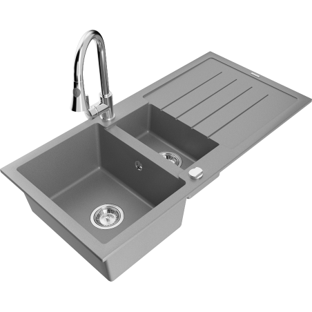 Mexen Andres 1.5-bowl granite sink with drainer and Elia kitchen faucet, gray - 6515-71-670101-00