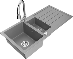 Mexen Andres 1.5-compartment granite sink with a drip tray and kitchen mixer tap Elia, Grey - 6515-71-670101-00