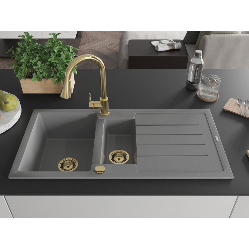 Mexen Andres 1.5-bowl Granite Sink with Drainer and Elia Kitchen Faucet, Gray - 6515-71-670101-50