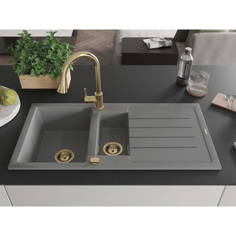 Mexen Andres granite sink 1.5-bowl with drainer and Elia kitchen tap, grey - 6515-71-670101-50
