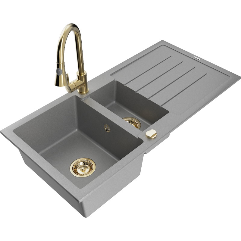 Mexen Andres 1.5-Bowl Granite Sink with Drainer and Kitchen Faucet Elia, Gray - 6515-71-670101-50