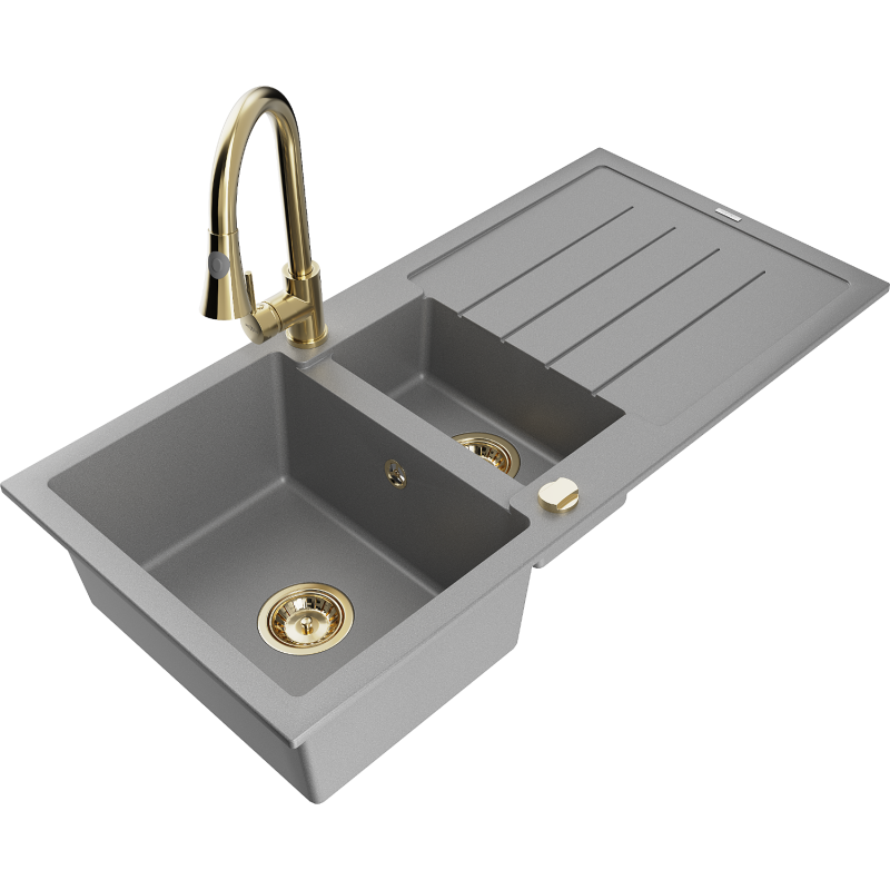 Mexen Andres granite sink 1.5-bowl with drainer and Elia kitchen tap, grey - 6515-71-670101-50