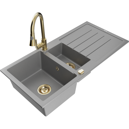 Mexen Andres 1.5-bowl Granite Sink with Drainer and Elia Kitchen Faucet, Gray - 6515-71-670101-50