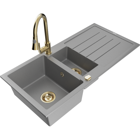 Mexen Andres granite sink 1.5-bowl with drainer and Elia kitchen tap, grey - 6515-71-670101-50