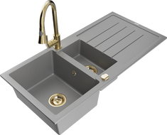 Mexen Andres 1.5-compartment granite sink with a drip tray and kitchen mixer tap Elia, Grey - 6515-71-670101-50