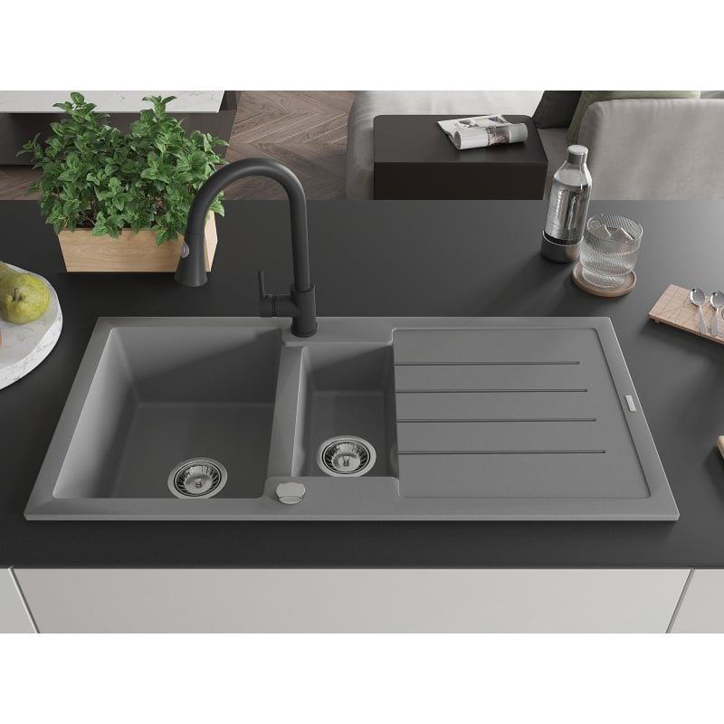 Mexen Andres granite sink 1.5-bowl with drainer and Elia kitchen faucet, gray - 6515-71-670101-70