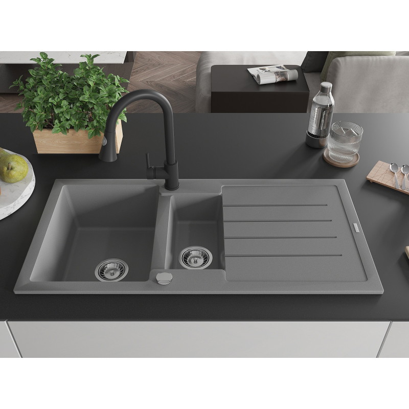 Mexen Andres granite sink 1.5-bowl with drainer and kitchen faucet Elia, gray - 6515-71-670101-70