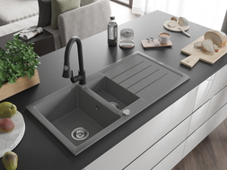 Mexen Andres 1.5-compartment granite sink with a drip tray and kitchen mixer tap Elia, Grey - 6515-71-670101-70