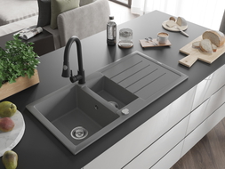 Mexen Andres granite sink 1.5-bowl with drainer and Elia kitchen faucet, gray - 6515-71-670101-70