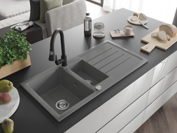 Mexen Andres granite sink 1.5-bowl with drainer and kitchen faucet Elia, gray - 6515-71-670101-70
