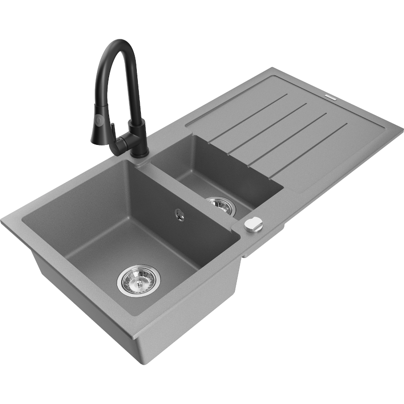 Mexen Andres 1.5-bowl granite sink with drainer and Elia kitchen tap, grey - 6515-71-670101-70