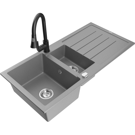 Mexen Andres 1.5-bowl granite sink with drainer and Elia kitchen tap, grey - 6515-71-670101-70