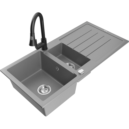 Mexen Andres granite sink 1.5-bowl with drainer and kitchen faucet Elia, gray - 6515-71-670101-70