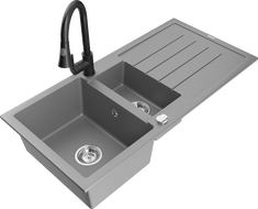 Mexen Andres 1.5-compartment granite sink with a drip tray and kitchen mixer tap Elia, Grey - 6515-71-670101-70