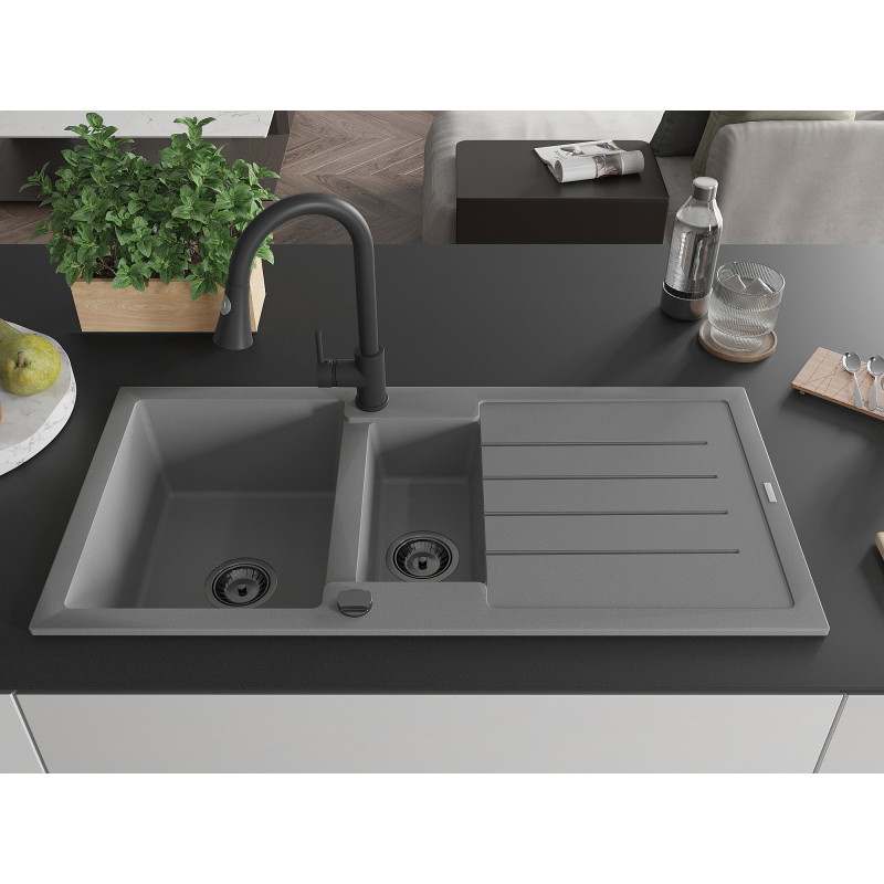 Mexen Andres 1.5-bowl granite sink with drainer and Elia kitchen faucet, gray - 6515-71-670101-70-B