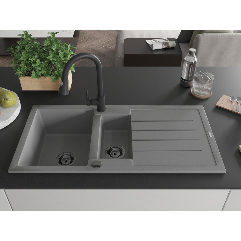 Mexen Andres granite sink 1.5-bowl with drainer and Elia kitchen tap, grey - 6515-71-670101-70-B
