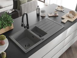 Mexen Andres 1.5-bowl granite sink with drainer and Elia kitchen faucet, gray - 6515-71-670101-70-B