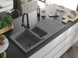 Mexen Andres granite kitchen sink 1.5-bowl with drainer and Elia kitchen faucet, gray - 6515-71-670101-70-B