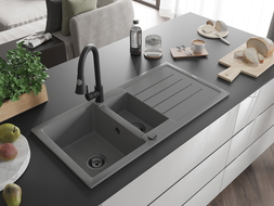Mexen Andres granite sink 1.5-bowl with drainer and Elia kitchen tap, grey - 6515-71-670101-70-B