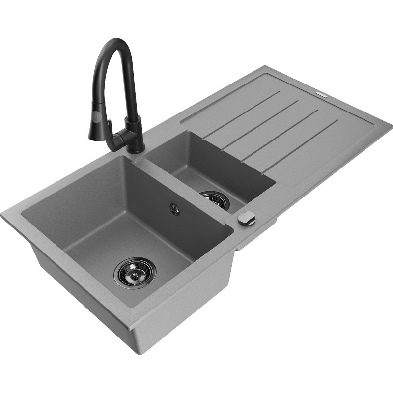 Mexen Andres 1.5-bowl granite sink with drainer and Elia kitchen faucet, gray - 6515-71-670101-70-B