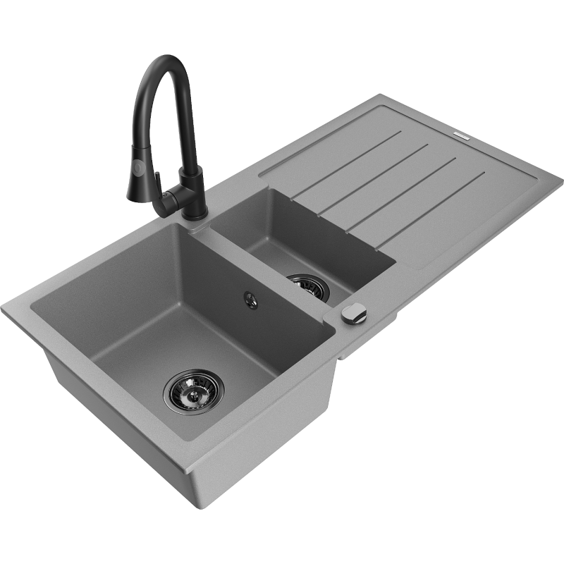 Mexen Andres 1.5-compartment granite sink with a drip tray and kitchen mixer tap Elia, Grey - 6515-71-670101-70-B