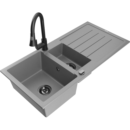 Mexen Andres 1.5-compartment granite sink with a drip tray and kitchen mixer tap Elia, Grey - 6515-71-670101-70-B