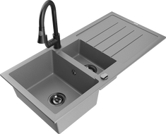 Mexen Andres 1.5-bowl granite sink with drainer and Elia kitchen faucet, gray - 6515-71-670101-70-B